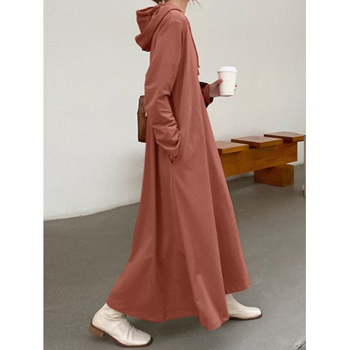 Women Loose Thick Sweatshirt Calf Length Side Pockets Midi Dresses