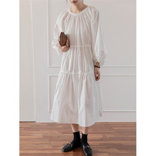 Women Solid Color O-Neck Tie Back Puff Sleeve Casual Tiered Dresses