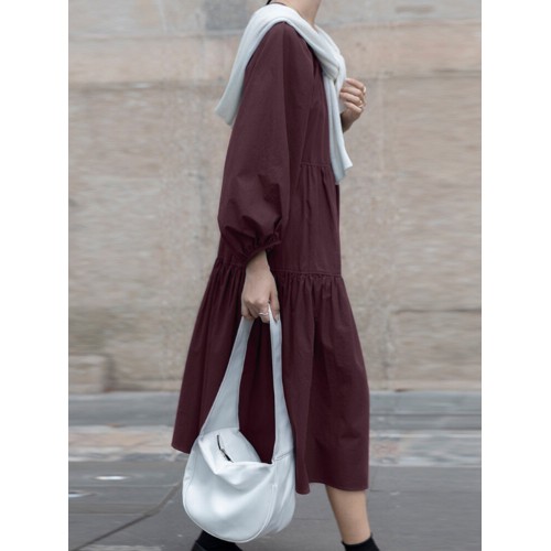 Women Solid Color O-Neck Tie Back Puff Sleeve Casual Tiered Dresses
