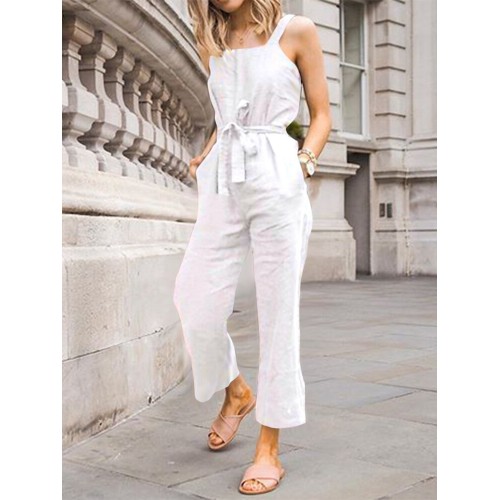 Casual Solid Color Cotton High Waist Loose Sleeveless Sling Jumpsuit with Belt