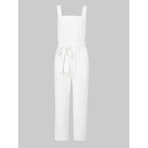 Casual Solid Color Cotton High Waist Loose Sleeveless Sling Jumpsuit with Belt