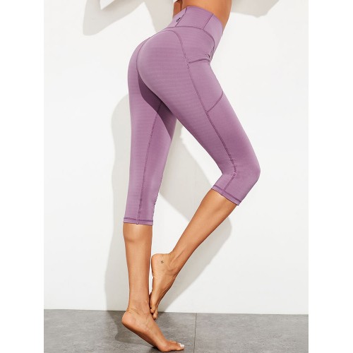 Solid Color Patchwork Pocket Elastic High Waist Cropped Running Jogging Women Yoga Leggings