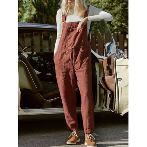 Women 100% Cotton Solid Color Ankle Length Side Pockets Jumpsuit