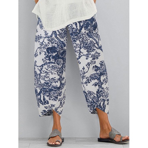 Women Elastic Wasit Loose Irregular Hem Pocket Vintage Pants
