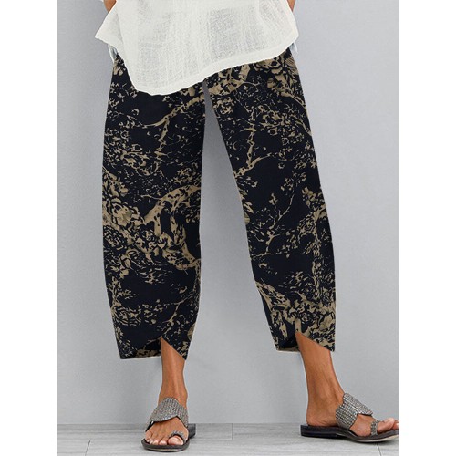 Women Elastic Wasit Loose Irregular Hem Pocket Vintage Pants