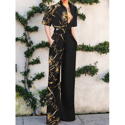 Women Patchwork Pleats Chain Special Printed Front Middle Button Floor Length Waist Stitching Pocket Jumpsuits