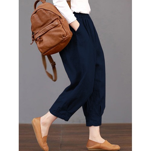 Women Solid Color Elastic Waist Loose Cotton Pants