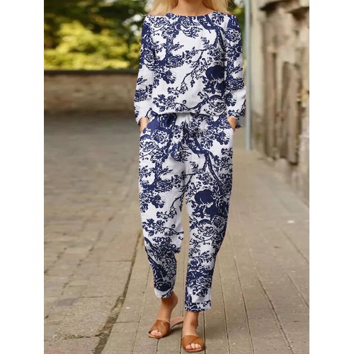 Plants Print Tie Pocket Long Sleeve Vintage Two Pieces Set