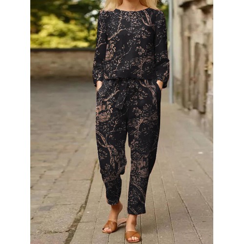 Plants Print Tie Pocket Long Sleeve Vintage Two Pieces Set