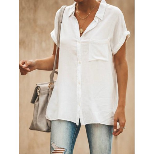 Casual Lapel Short Sleeve Solid Color Women Blouse Shirts