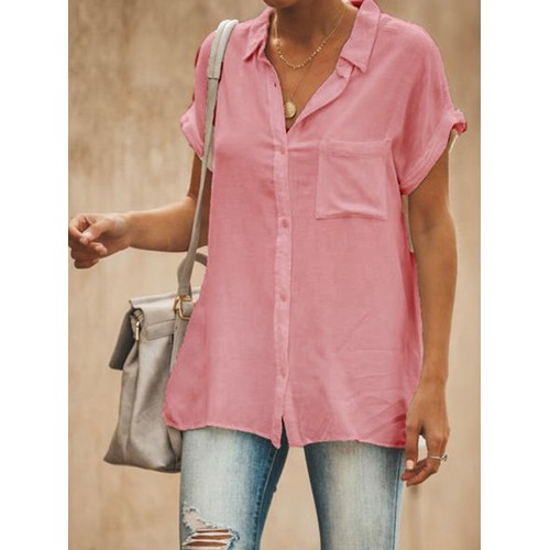 Casual Lapel Short Sleeve Solid Color Women Blouse Shirts