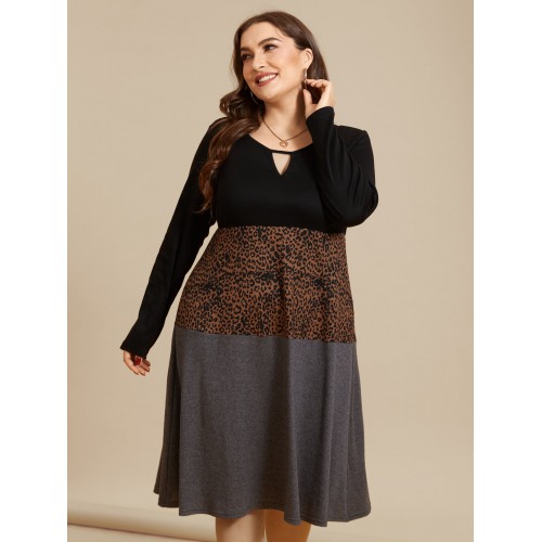 Plus Size Crew Neck Leopard Cut Out Patchwork Design Long Sleeves Dress