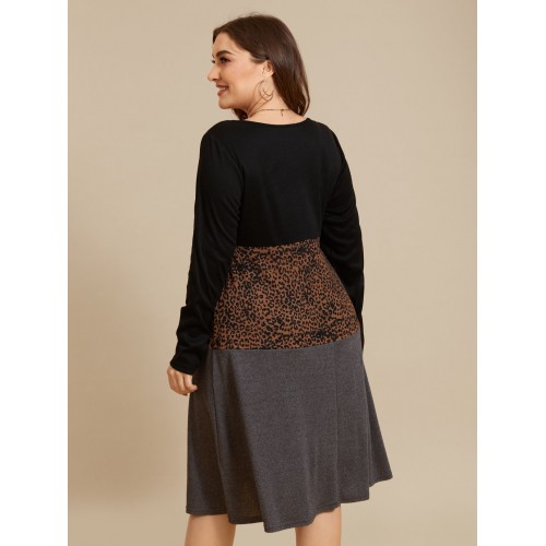 Plus Size Crew Neck Leopard Cut Out Patchwork Design Long Sleeves Dress