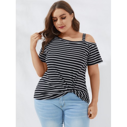 Plus Size Twist Striped Cold Shoulder Short Sleeve Casual Wild T-shirts