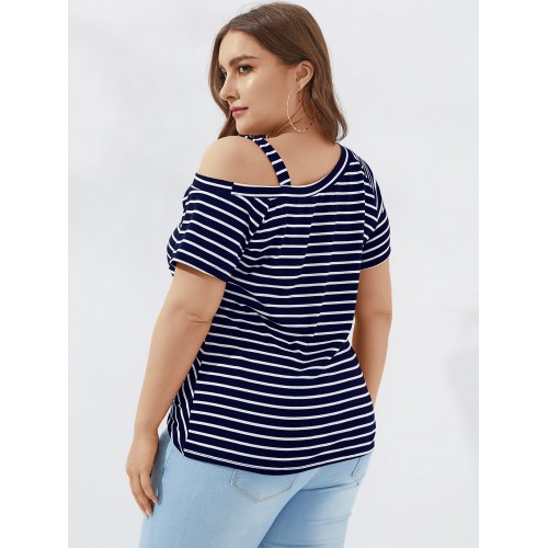 Plus Size Twist Striped Cold Shoulder Short Sleeve Casual Wild T-shirts