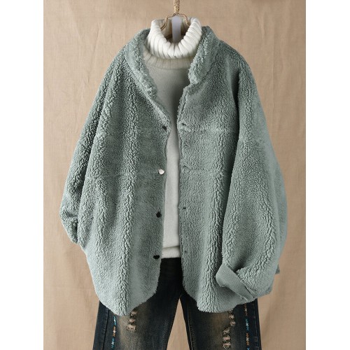 Plus Size Women Fleece Solid Color Stand Collar Coats