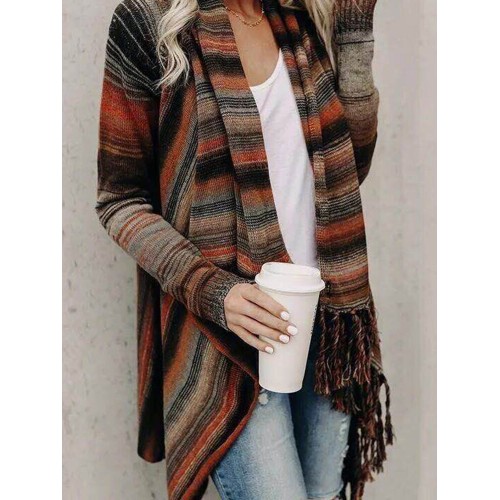 Women Long Sleeve Tassel Asymmetrical Cardigan Sweaters