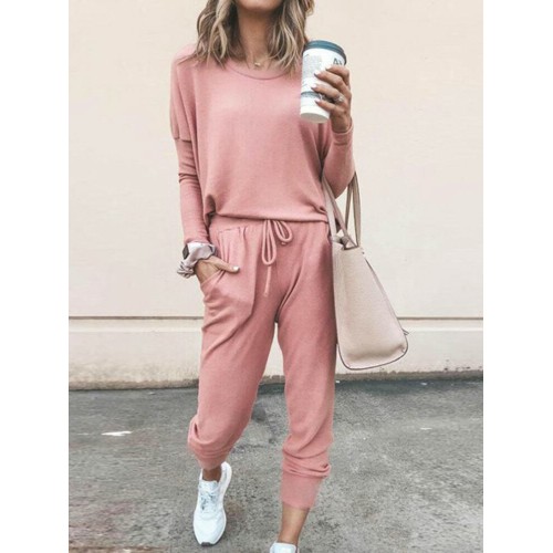 Women Daily Casual Home Solid Color Sweatshirt Sports Two-piece Set Pants Tracksuit