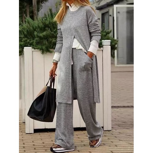 Women Side Pockets Side Fork O-Neck Solid Ankle Length Two-Piece Sets