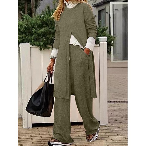 Women Side Pockets Side Fork O-Neck Solid Ankle Length Two-Piece Sets
