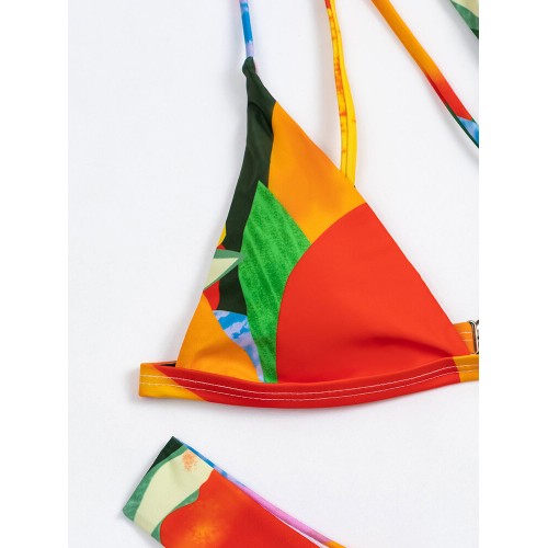 Geometry Pattern Print Color Block One Shoulder Criss-Cross Hawaii Bikini