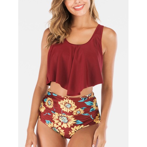 Plus Size Women Irregular Hem Top Floral Print High Waist Two Piece Bikini