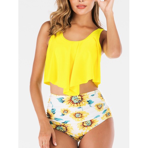 Plus Size Women Irregular Hem Top Floral Print High Waist Two Piece Bikini