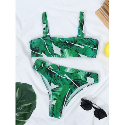 Tropical Plant Print Open Back Adjustable Straps High Waist Beach Bikinis Swimsuit