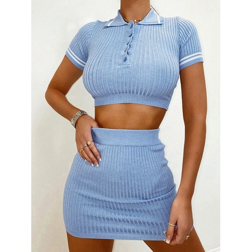 Women Solid V-neck Short Sleeve Knit Tops Mini Short Skirts Two Piece Set