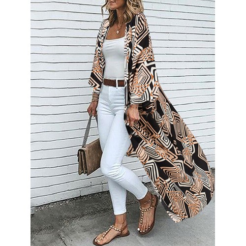 Geo Print Loose Open Front Long Sleeve Bohemian Cardigan
