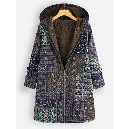 Vintage Print Fleece Hooded Plus Size Coats with Pockets