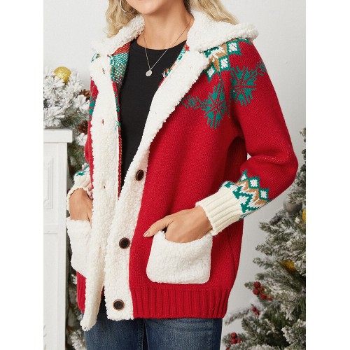 Women Christmas Jacquard Fleece Front Buttons Side Pockets Casual Coats