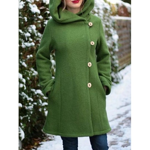 Women Hooded Single-Breasted Pocket Mid-Length Solid Color Warm Coat