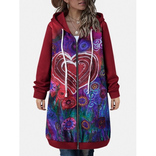 Women Vintage Heart Floral Printed Zipper Front Hooded Coat With Pocket