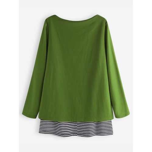 Casual Cartoon Print O-neck Stripe Long Sleeve Blouse For Women