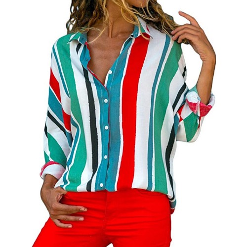 Women Casual Stripe Floral Print Buttons Turn-Down Collar Long Sleeve Blouse