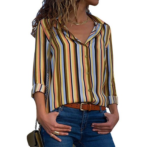 Women Casual Stripe Floral Print Buttons Turn-Down Collar Long Sleeve Blouse