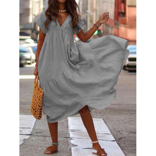 100% Cotton Casual Loose V-Neck Solid Dress For Women