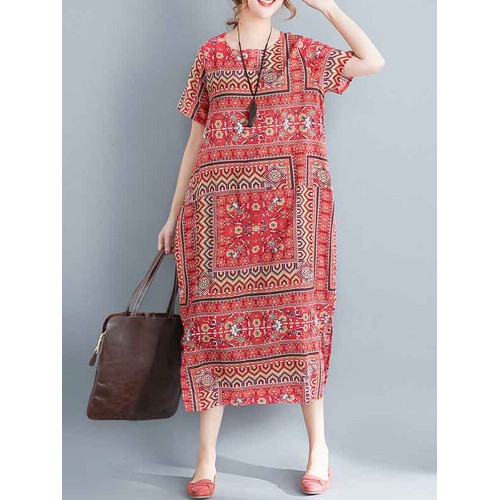 Ethnic Women Printing Cotton Vintage Dress
