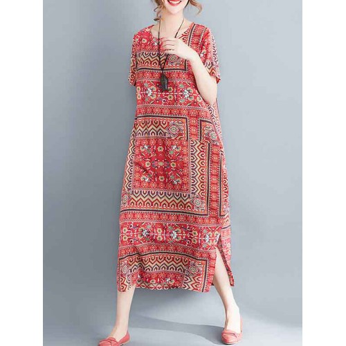Ethnic Women Printing Cotton Vintage Dress