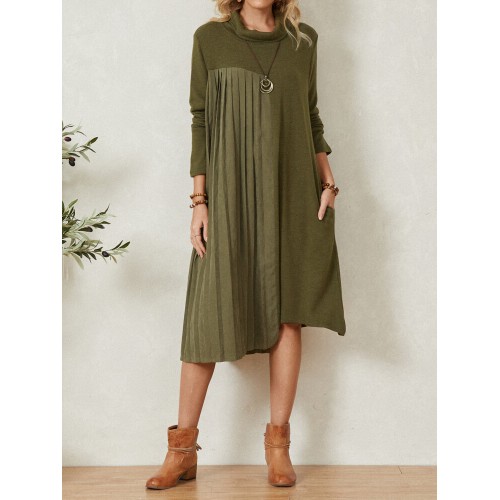 Solid Color Pocket Patchwork Long Sleeve High Neck Casual Dress