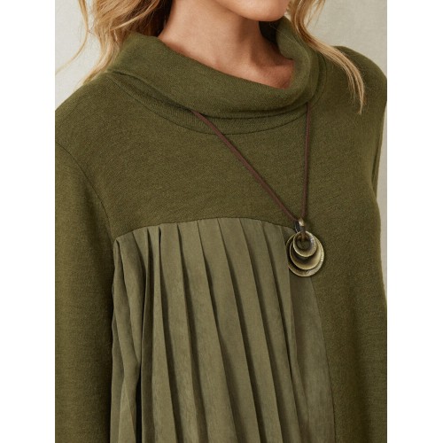 Solid Color Pocket Patchwork Long Sleeve High Neck Casual Dress