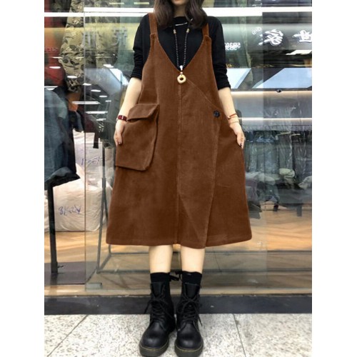 Women Corduroy V-Neck Sleeveless Solid Retro Casual Pockets Dress