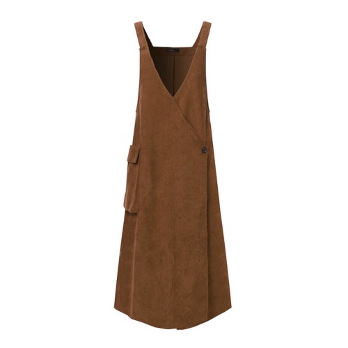 Women Corduroy V-Neck Sleeveless Solid Retro Casual Pockets Dress