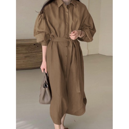 Women Lantern Sleeve Calf Length Solid Color Button Cuffs Midi Dresses