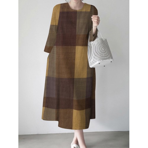 Women Plaid Back Zipper Side Pocket O-Neck Mid-Calf Length Midi Dresses
