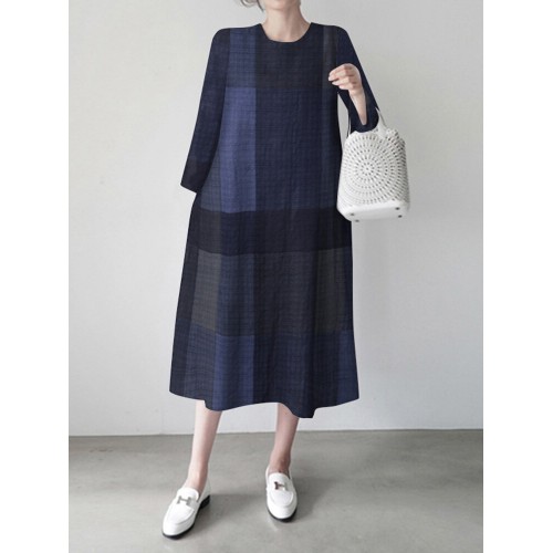 Women Plaid Back Zipper Side Pocket O-Neck Mid-Calf Length Midi Dresses