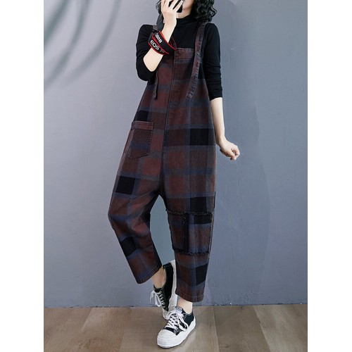 Plaid Print Demin Pockets Causal Harem Jumpsuit For Women