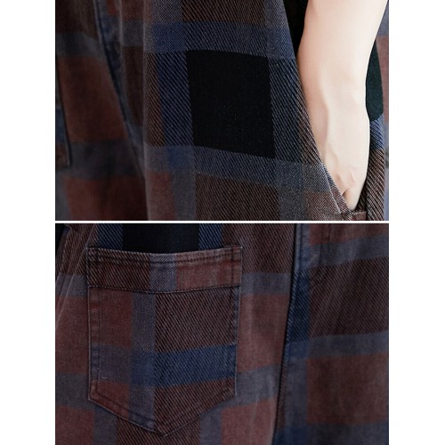 Plaid Print Demin Pockets Causal Harem Jumpsuit For Women