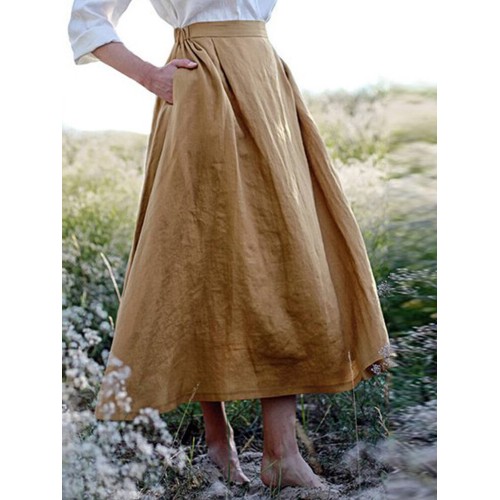 Solid Elastic Waist Linen Cotton Skirts